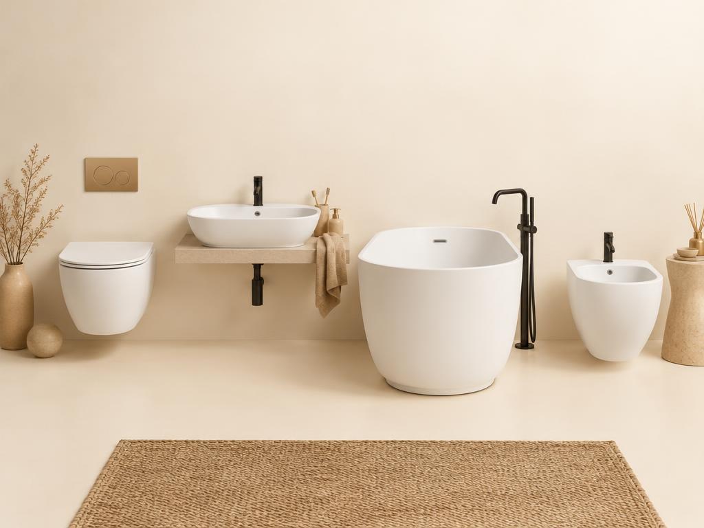 Sanitärobjekte: WC, Waschbecken, Badewanne und Bidet
